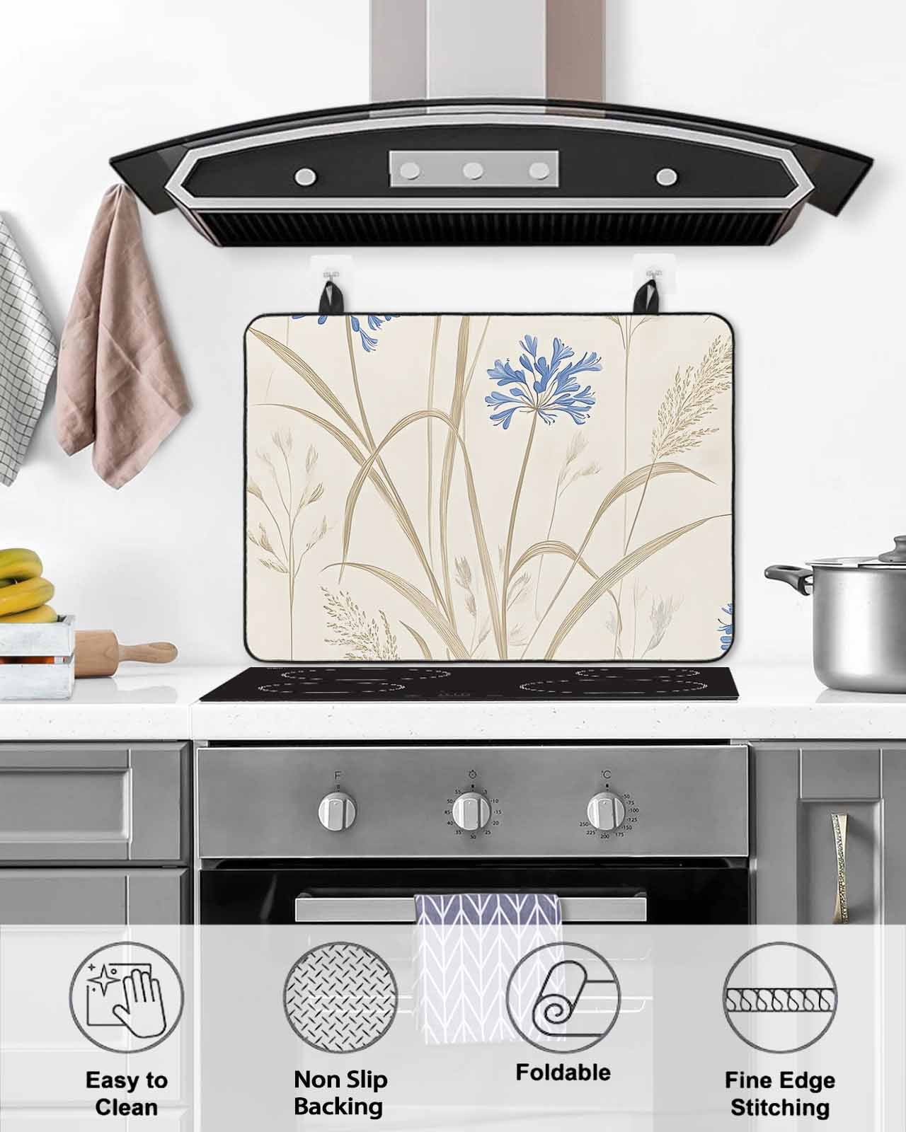nqOlkjepod Large Induction Cooktop Protector Mat 36"x21", Botanical Blue Floral Stove Top Covers for Electric Stove, Rustic Summer Flowers Decorative Stove Burner Cover Mats, Glass Top Stove Cover