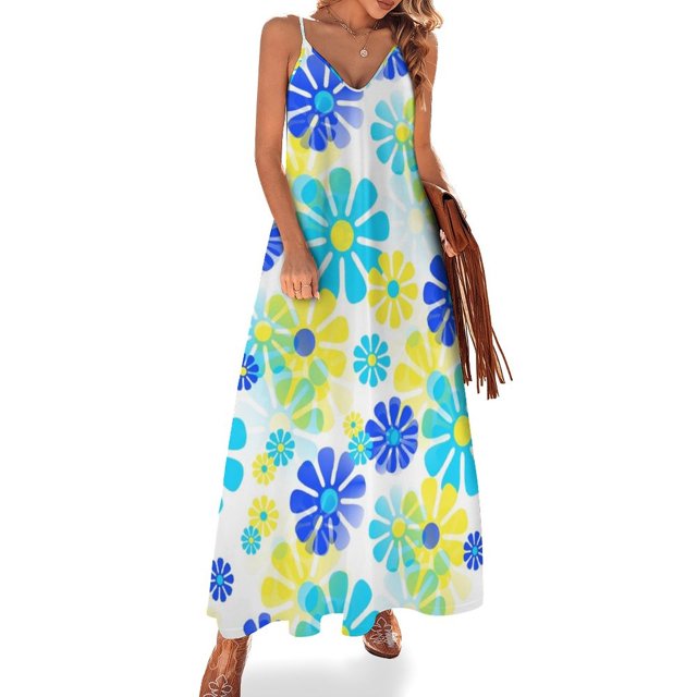 Vestido sin mangas con flores retro y elegantes de los años 60 en amarillo, aguamarina y azul, vestidos de cumpleaños para mujeres, vestidos de noche para mujeres