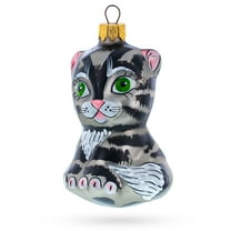 Striped Cat with Green Eyes Glass Christmas Ornament