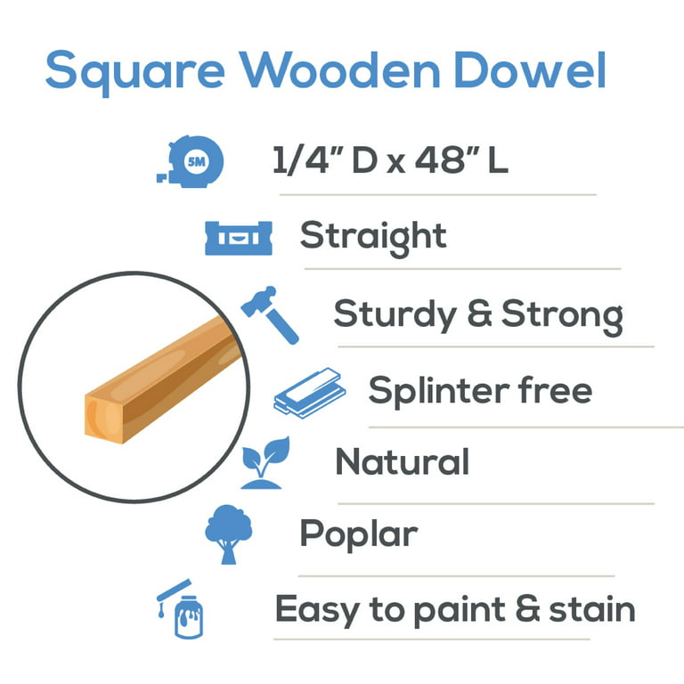  Wood Square Dowel Rods 1/4-inch x 48 Pack of 25 Wooden Craft  Sticks for Crafts and Woodworking by Woodpeckers