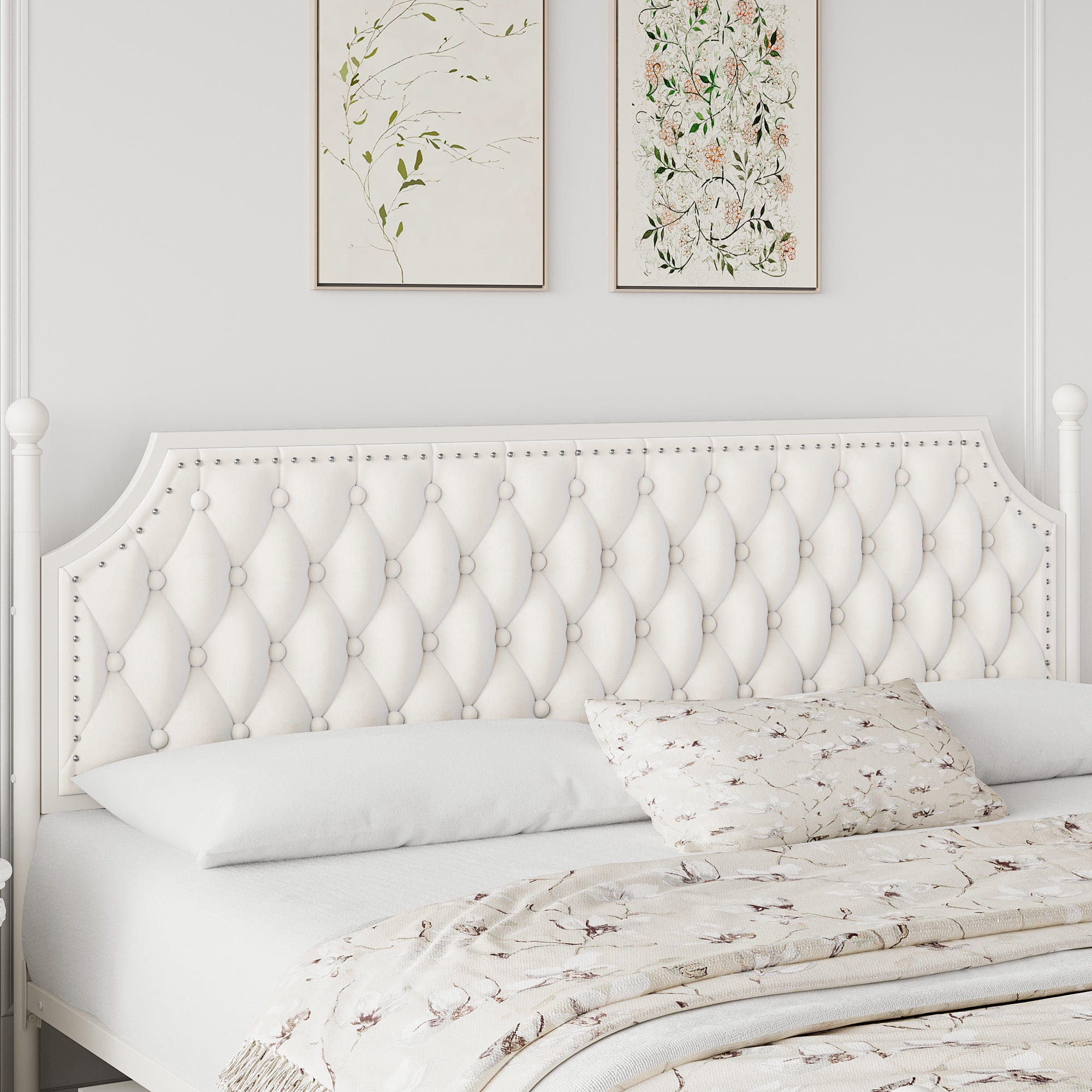 Homfa King Size Removable Canopy Bed Frame, 3 Storage Drawers Metal Platform Bed with Button Tufted Upholstered Headboard, Canopy Bed Curtain Not Included, Beige