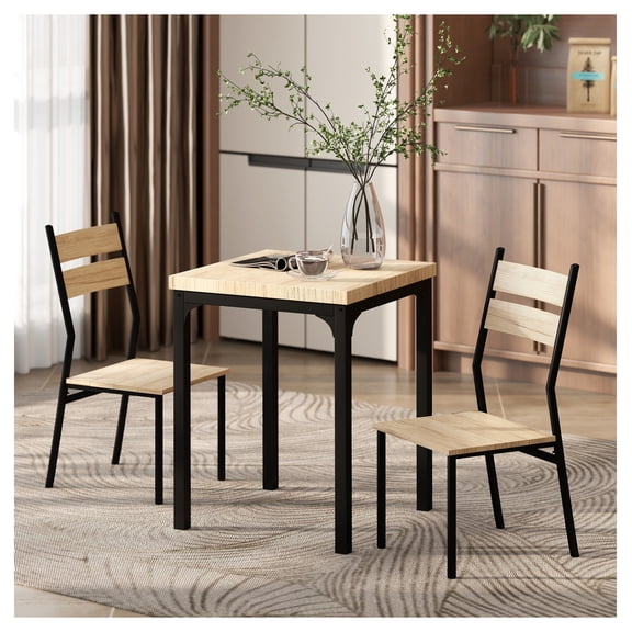 Dining Table Set for 2, Kitchen Table and Chairs, Modern Breakfast Nook Set, Light Wood Grain, Steel Frame