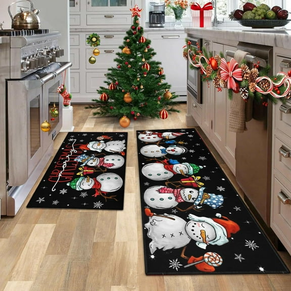 Christmas Kitchen Mats Set of 2, Merry Christmas and Happy New Year Home Kitchen Decoration Non-Slip Floor Mat Sets, Winter Snowman Rugs, Washable Microfiber Kitchen Carpet 17x30 17x47 Inch