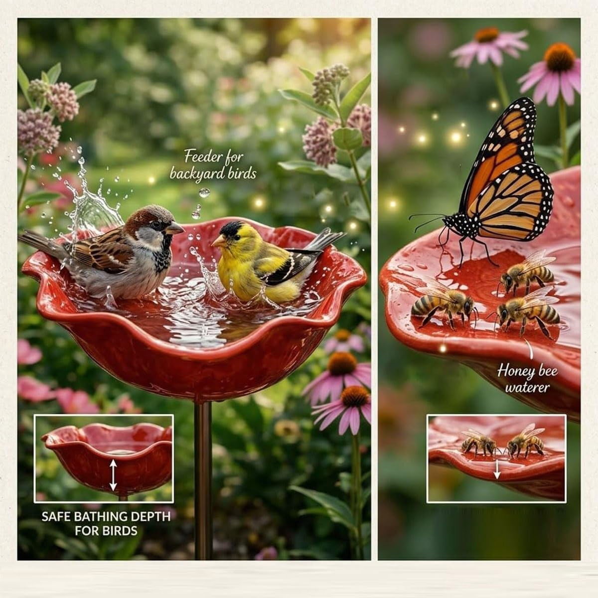 Handmade Metal Flower Garden Stake with Bee Bath & Bird Water Bowl, Butterfly & Pollinator Watering Station, Weather-Resistant Garden Decor Gift