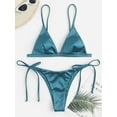 thumbnail image 3 of ZAFUL Women Swimsuit Shiny Silky Tie Side High Leg Cheeky Bikini Swimwear Deep Blue S, 3 of 6