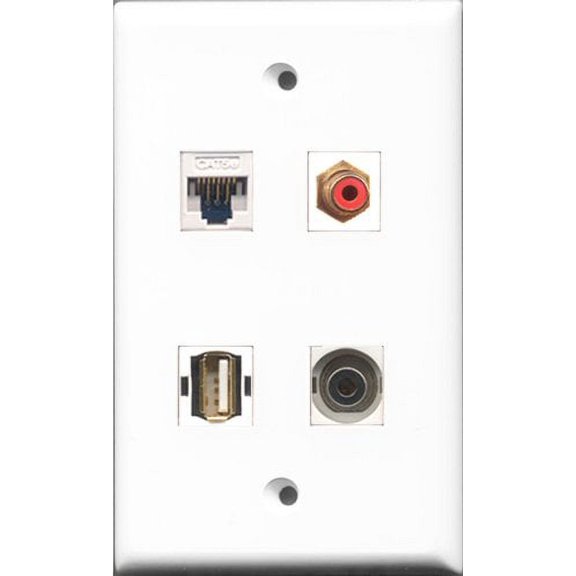 RiteAV 1 Port RCA Red and 1 Port USB A-A and 1 Port 3.5mm and 1 Port Cat5e Ethernet White Wall Plate