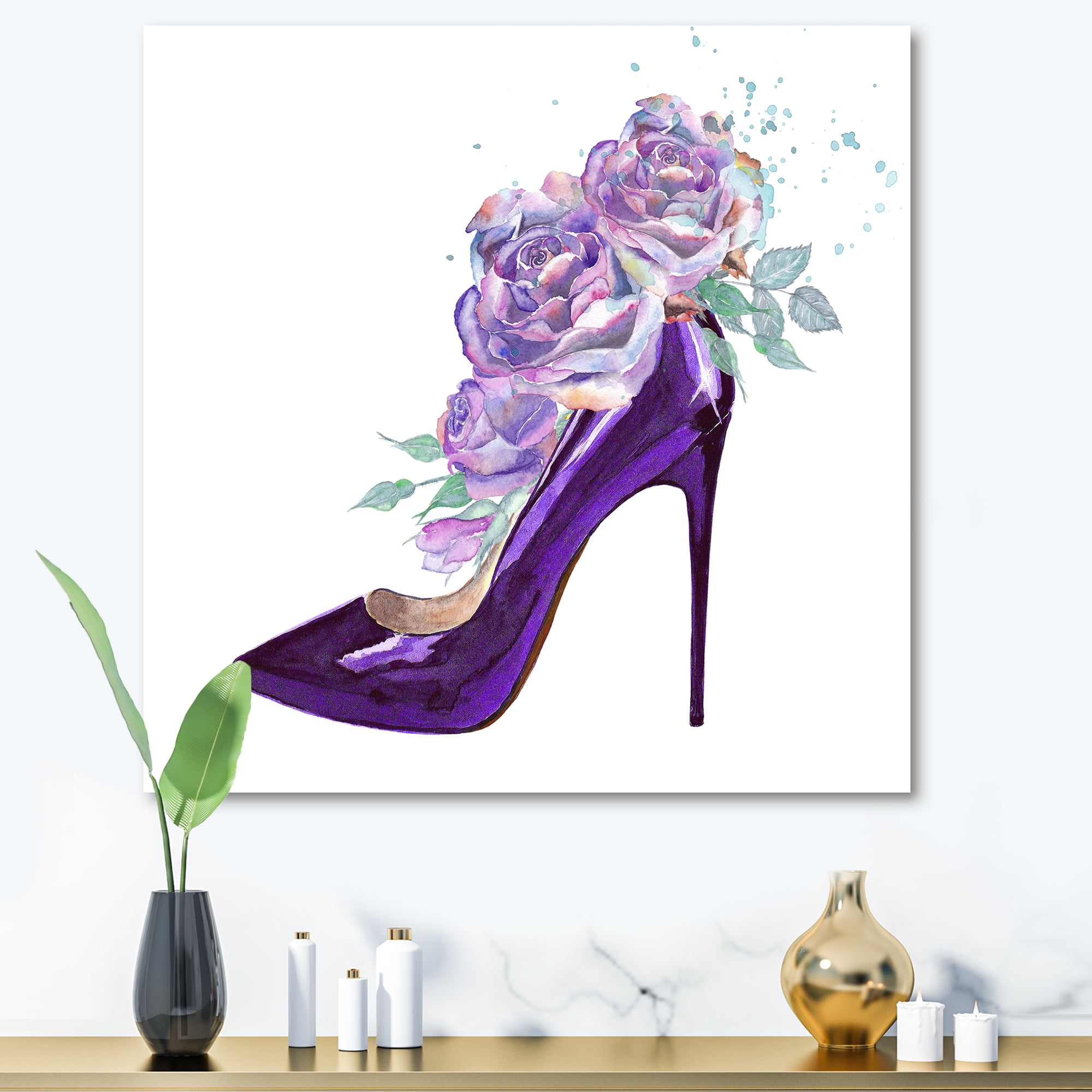 Designart ' Pink VIolet Roses With Dark Purple Stiletto Shoe ' Traditional Canvas Wall Art Print