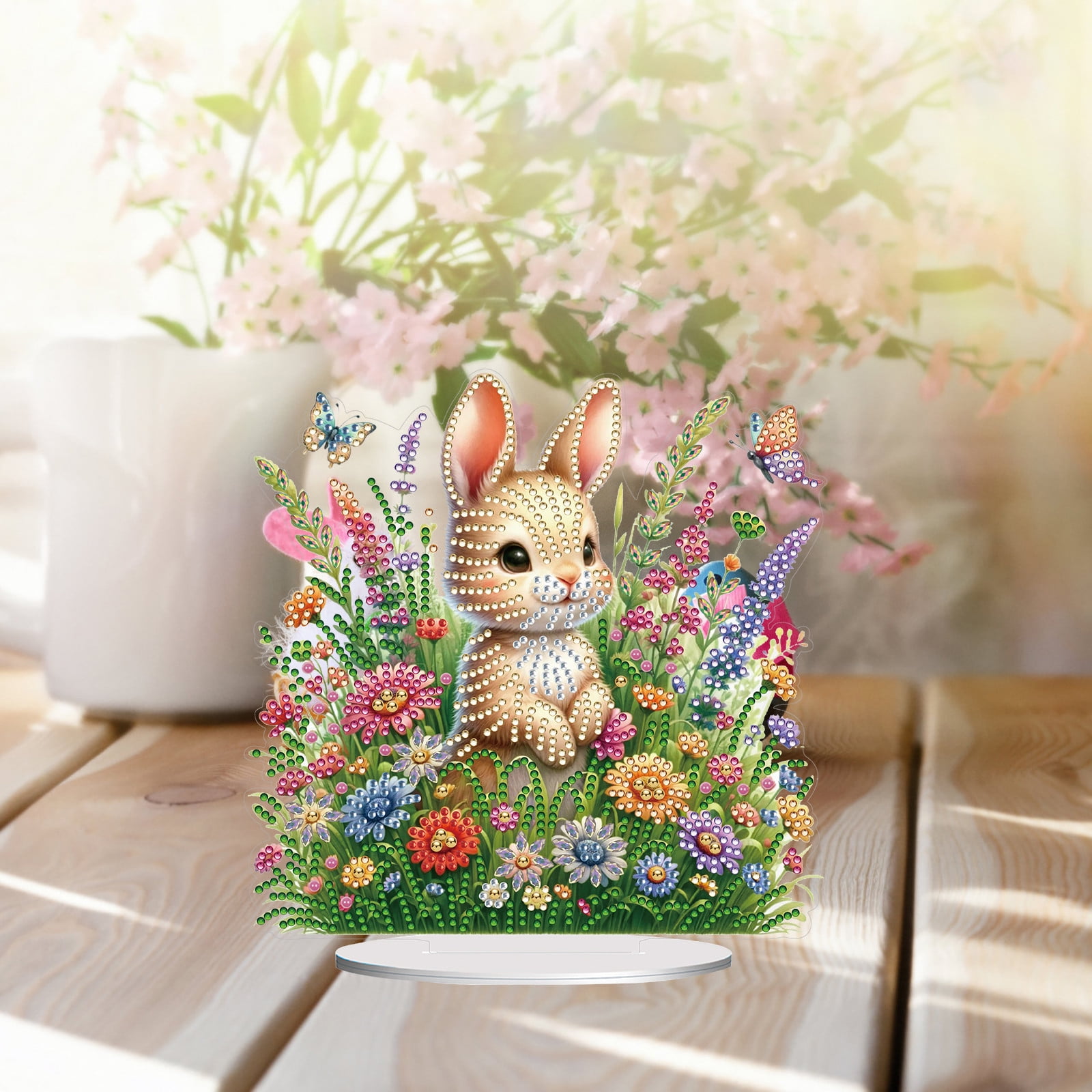 FLOPESN 4Pcs DIY Diamond Art Painting Easter Bunny Ornament Kits with Oval Base, Single-Sided Diamond Painting PET Craft for Home Decor