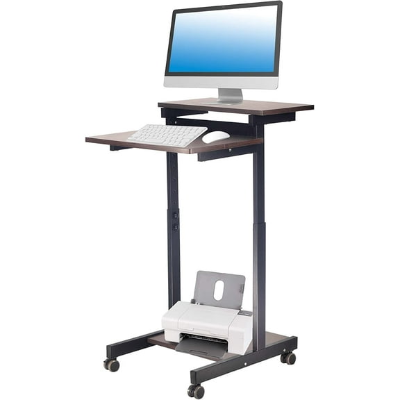 POCHAR Mobile Height Adjustable Computer Station - Two Tier Computer Workstation Rolling Presentation Cart - Black Frame with Espresso Top (21.6'' Wide)