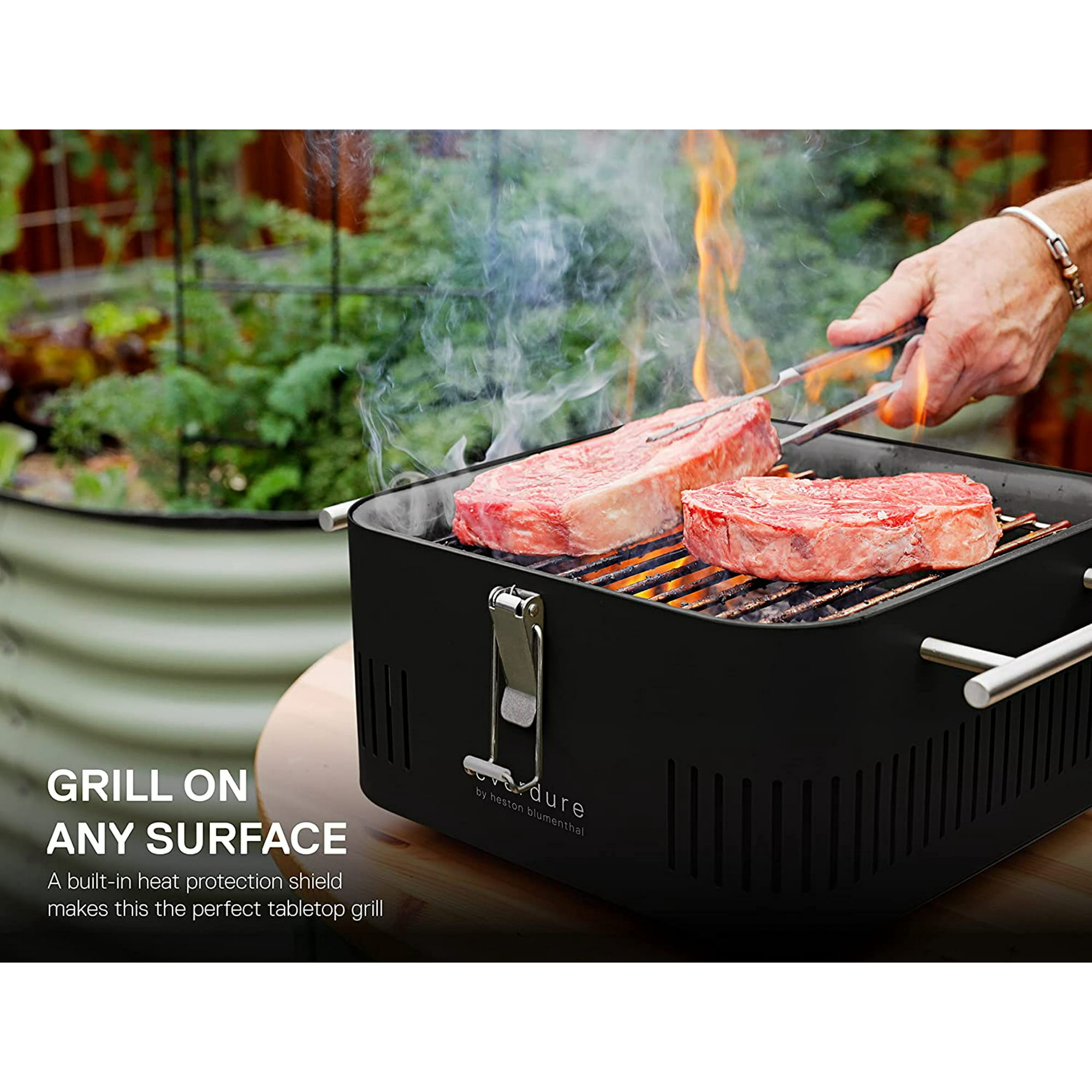 Everdure CUBE Charcoal Grill with Cool Touch Handles, Storage Container & Bamboo Serving Board