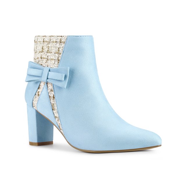 BLISSFUL STEP Women's Pointed Toe Plaid Block Heels Ankle Boots Sky Blue 8