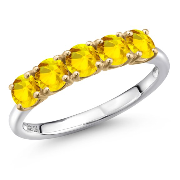Gem Stone King 925 Silver and 10K Yellow Gold Yellow Sapphire Wedding-Bands Ring for Women | 1.80 Cttw | Round 4MM | Gemstone September Birthstone | Size 5