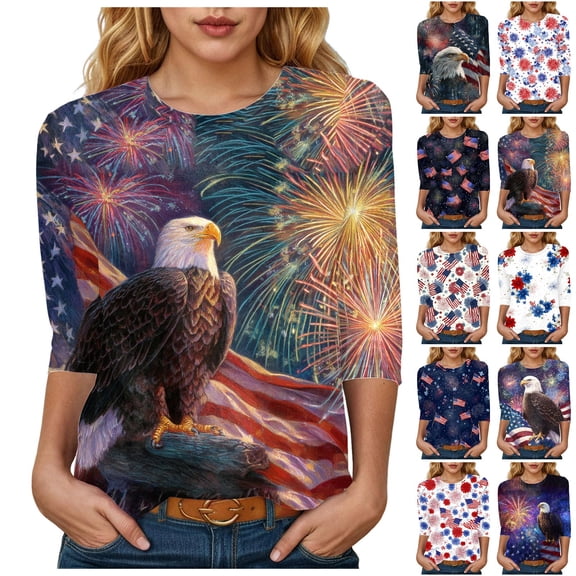 GEWSEY 250th Anniversary USA Shirt 250th America Shirt 3/4 Sleeve Womens Tops Patriotic Flag Eagle Print Tops 1776-2026 Tshirt Gifts (Purple, XL)