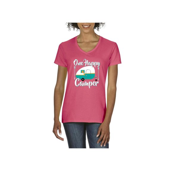 Women's T-Shirt V-Neck Short Sleeve - ONE HAPPY CAMPER