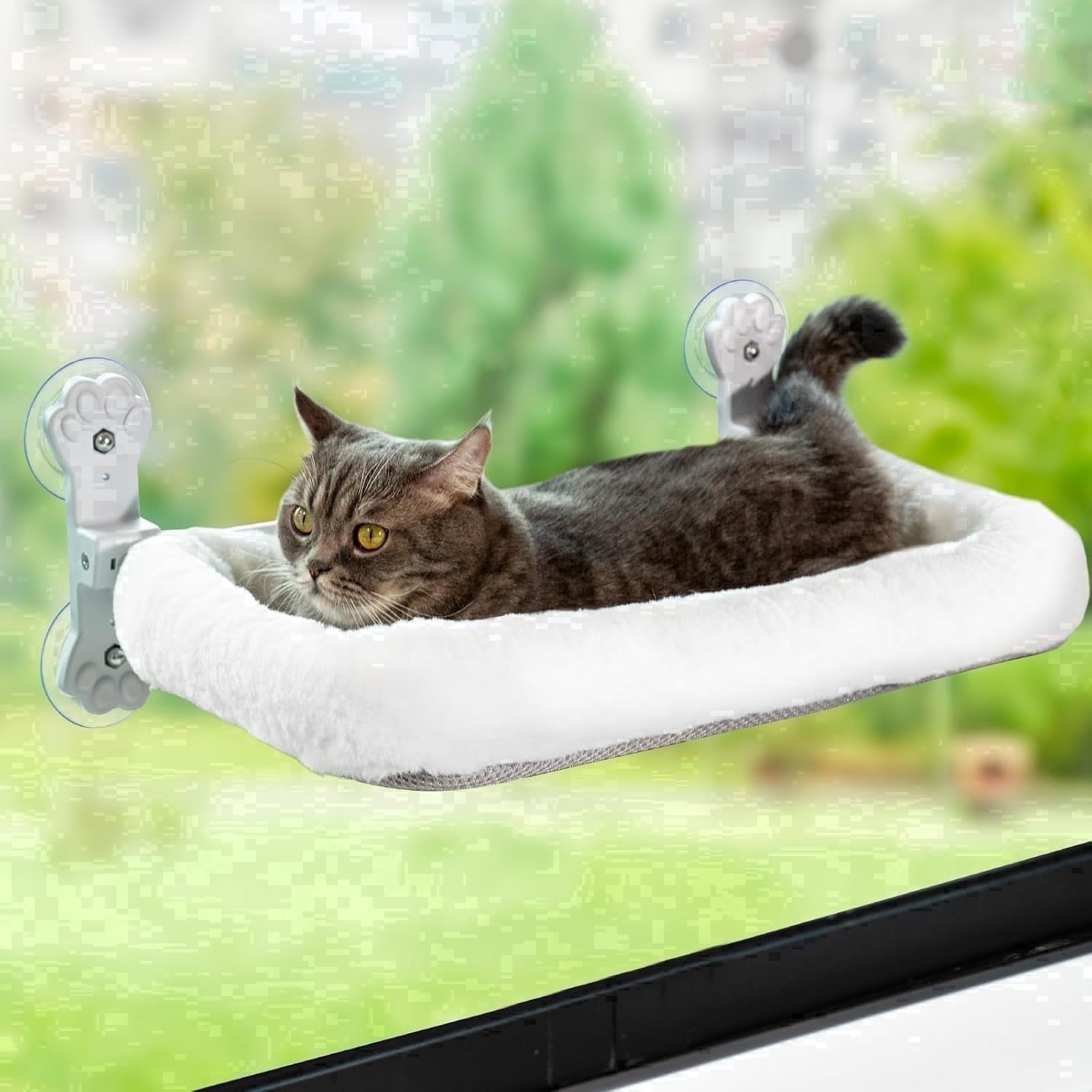 Cat window perch for indoor cats with Warm Spacious Cat Bed for Sunbathing, Napping & Overlooking Cat Hammock All Weather (White)