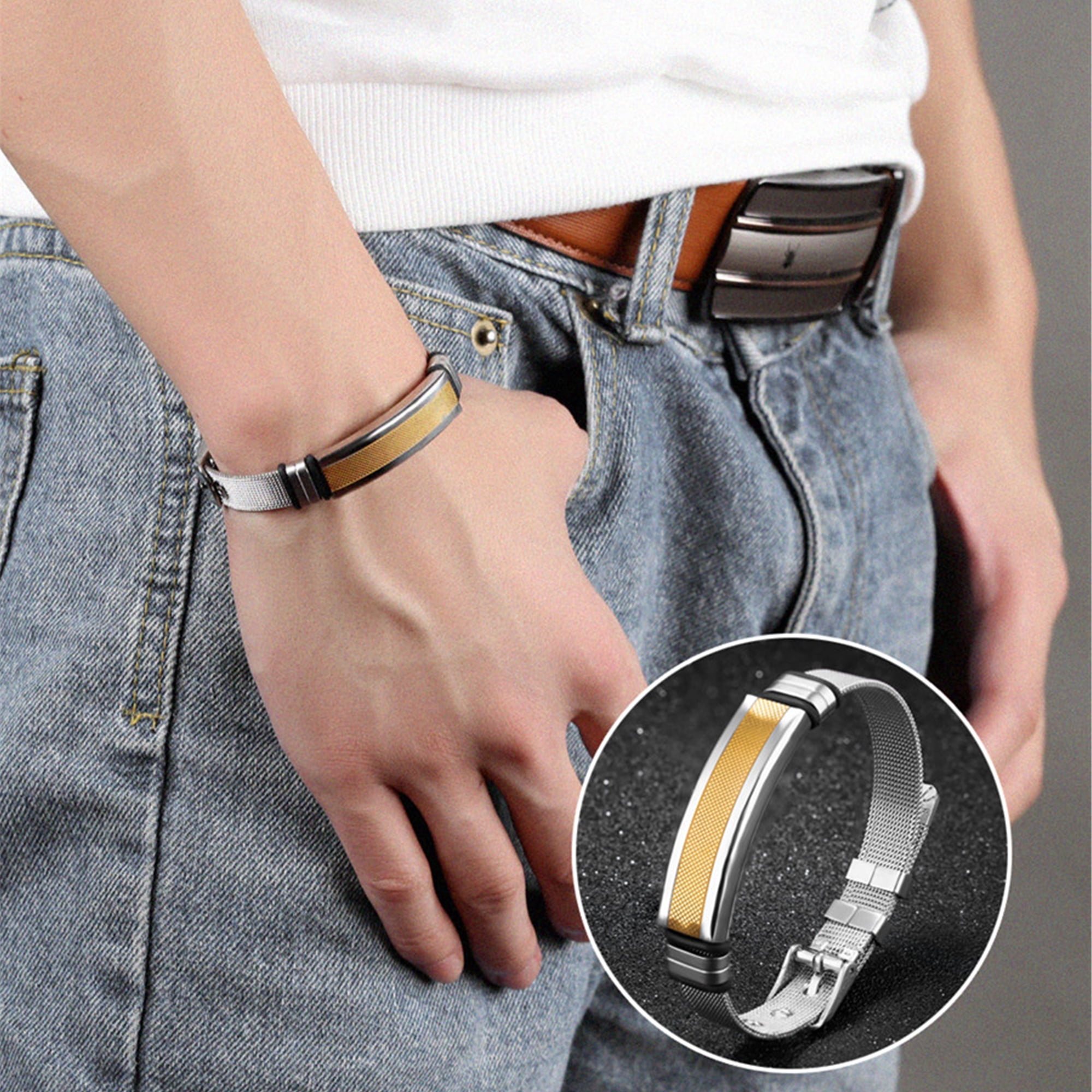 Mens Stainless Steel Bracelet with Bar, Adjustable Mesh Band with Buckle Clasp, Gold/Silver