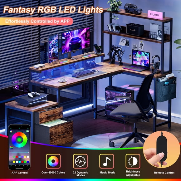 GUNAITO 71 inch Computer Desk L Shaped Gaming Desk with LED Light & Power Outlet Office Desk with File Drawers Cabinet,3-Tier Shelf,Storage Bag for Home Office,Brown