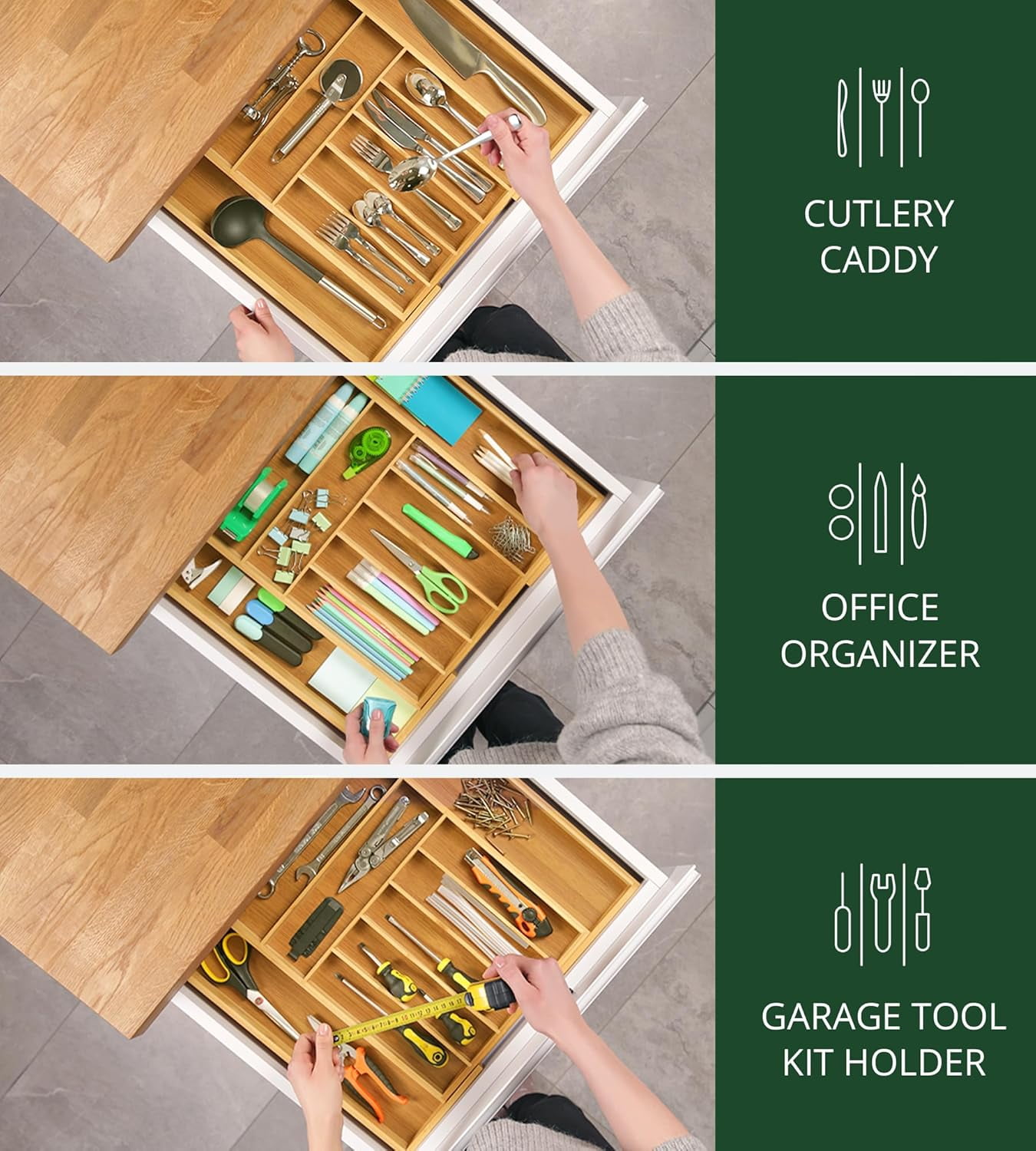 Royal Craft Wood Luxury Bamboo Kitchen Drawer Organizer - Silverware Organizer - Utensil Holder and Cutlery Tray with Grooved Drawer Dividers for Flatware and Kitchen Utensils (9 Slot, Natural)