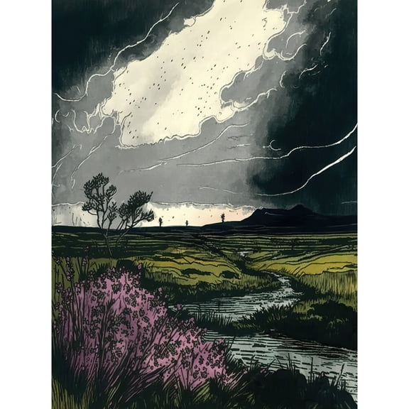 Storm Clouds at Scottish Meadow with Heather Shrub Unframed Wall Art Print Poster Home Decor Premium