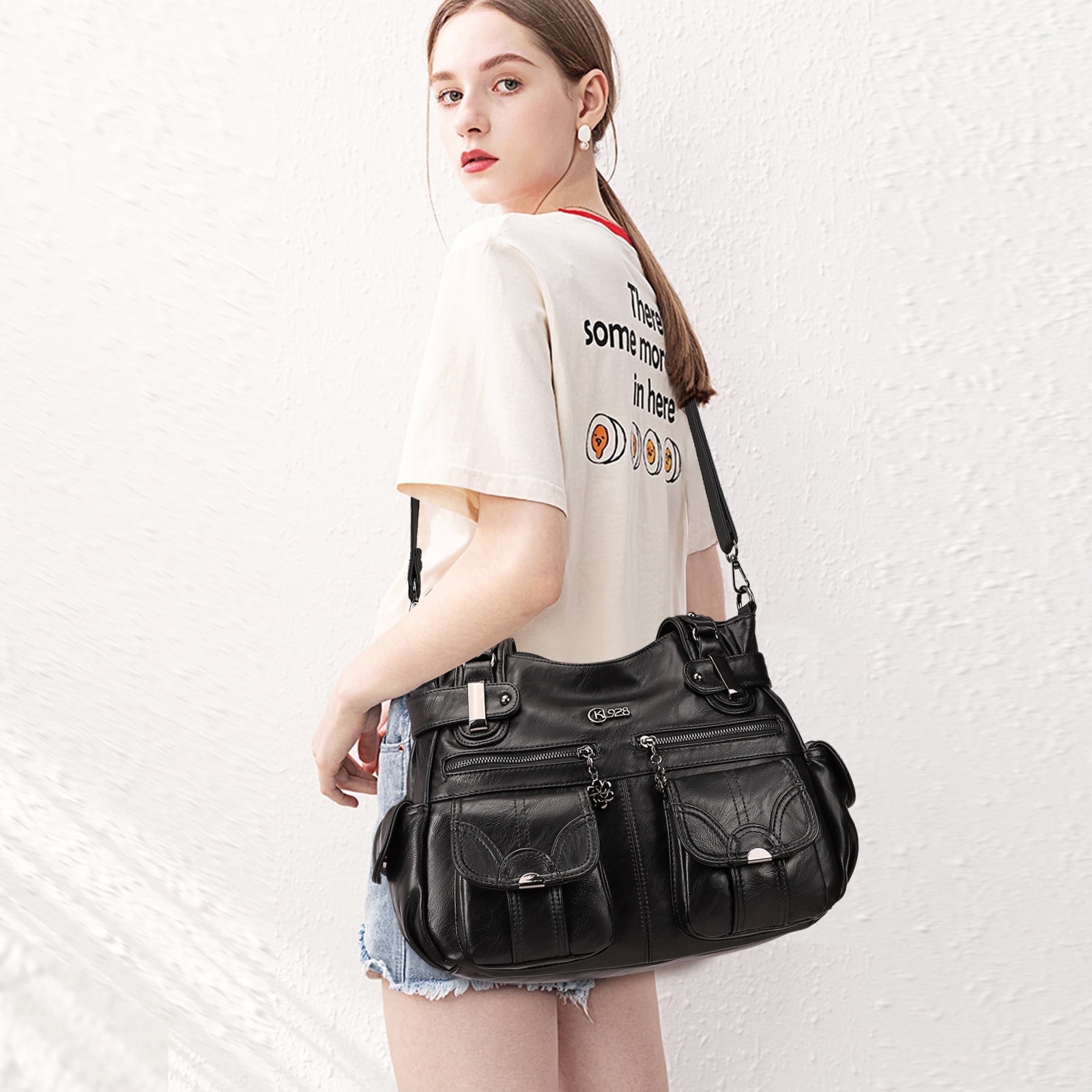 KL928 Hobo Bag for Women Multi Pockets Handbags Large Capacity Leather Purse for Daily Life and Work,Black