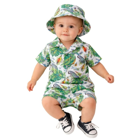 stylesilove Infant Baby Boys Green Tropical Parrot Print Short Sleeve Romper with Hat 2-Piece Summer Outfit (Green, 18-24 Months)
