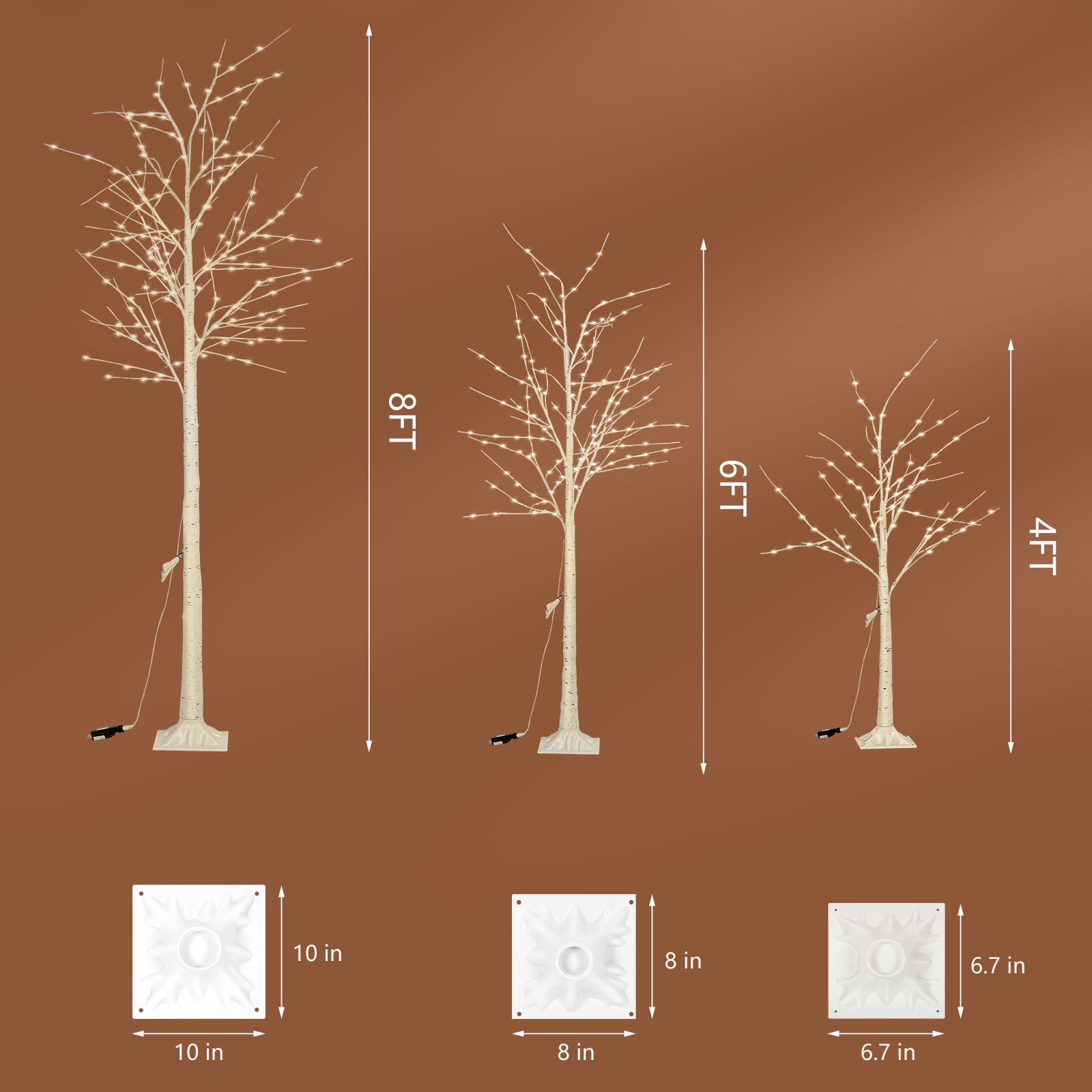 Set of 3 Lighted Birch Tree Artificial Twig Tree Lamp for Christmas (4 ft, 6 ft, 8 ft)