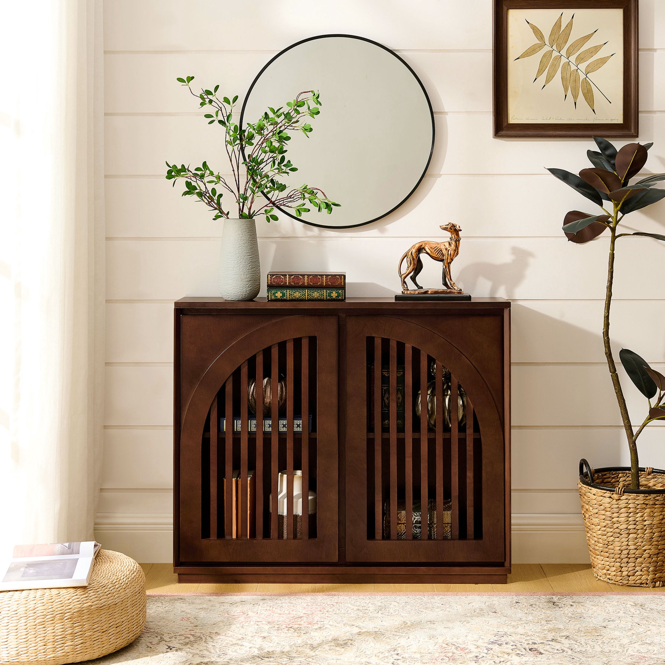 GDF Studio 39" Mid Century Modern Fluted Sideboard Cabinet with 2 Outlet Holes, Dark Walnut