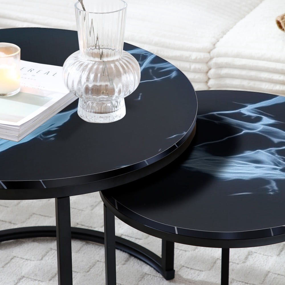 Set of 2 Nesting Coffee Tables, Black Round Marble-Look Wood Top with Black Metal Frame, Modern Industrial Side Tables, End Tables for Living Room, Bedroom