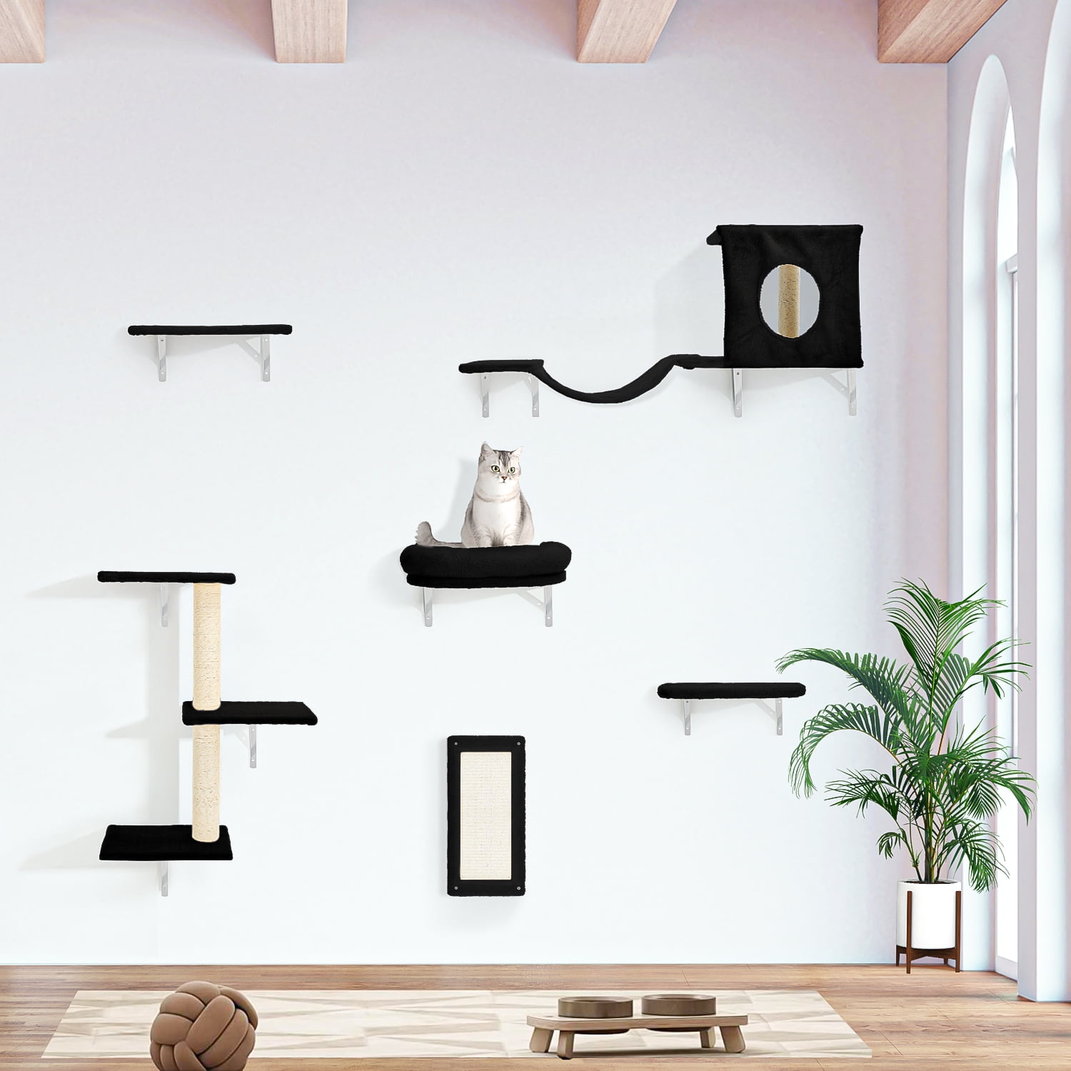 Pefilos Cat Wall Shelves and Perches Set of 6 with Cat Perch, Indoor Cat Condo for Sleeping Playing Lounging Climbing Cat Tree House, Black Pefilos Cat Wall Shelves and Perches Set of 6 with Cat Perch, Indoor Cat Condo for Sleeping Playing Lounging Climbing Cat Tree House, Black