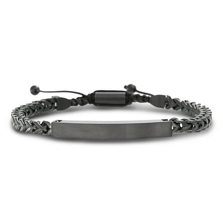 Mens Sterling Silver Curb Chain Bracelet - Mens Square Bar Curb Chain Adjustable Bracelet in Stainless Steel