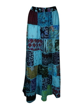 Mogul Women Blue Long Skirt Patchwork Rayon Printed Elastic Waist Swing Summer Skirts S/M