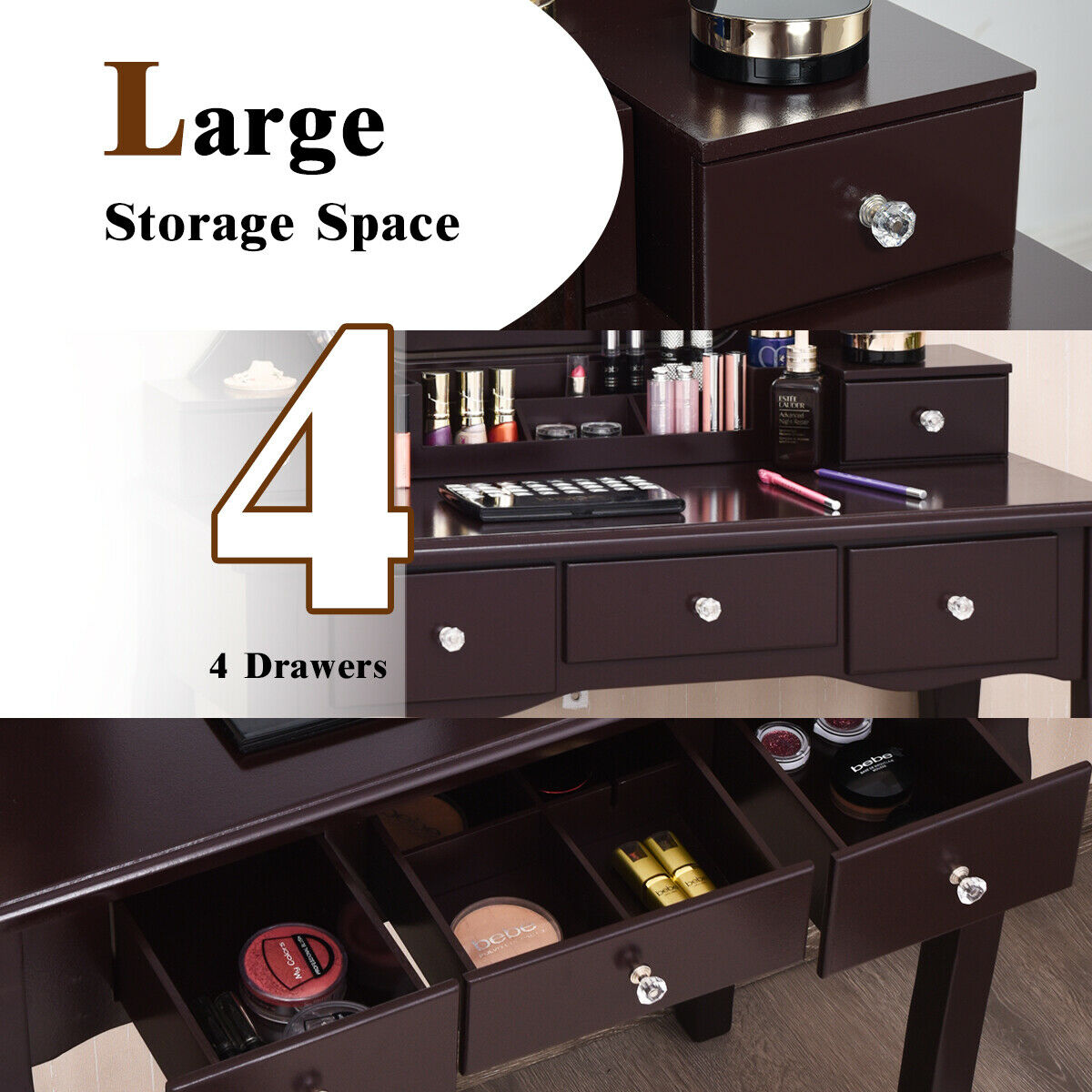 Gymax Vanity Dressing Table Set w/ 10 Dimmable Bulbs Touch Switch & Removable Box Brown