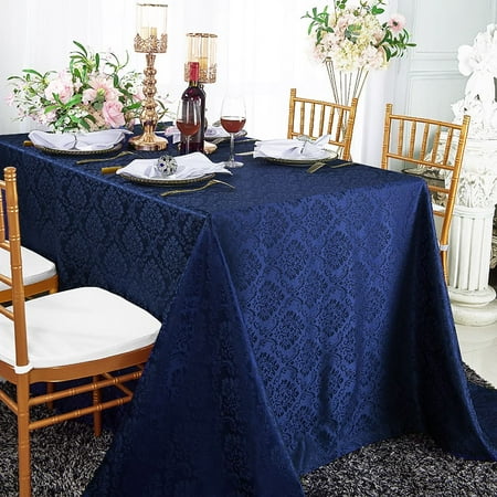 

Wedding Linens Inc. 72 x 120 Seamless Rectangular Marquis Damask Jacquard Polyester Linen Tablecloth - Navy Blue