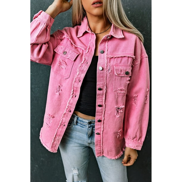 ABPHQTO Chaqueta vaquera rosa desgastada con bolsillos con solapa y borde sin rematar para mujer Bodega Aurrera en linea