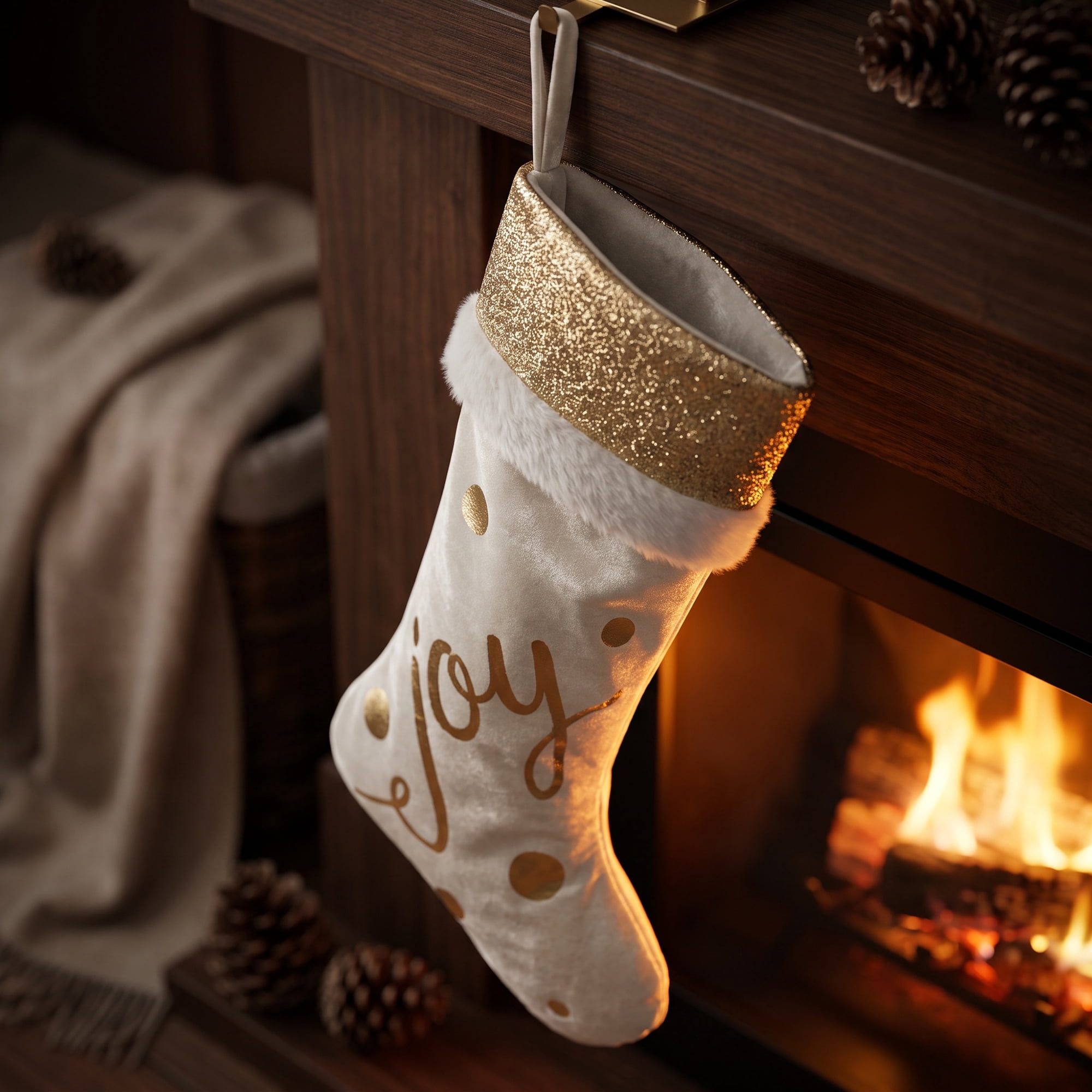 Unique Bargains Joy Shabby Chic Stocking Double Layer Polka Dots Velvet Sock White 18"