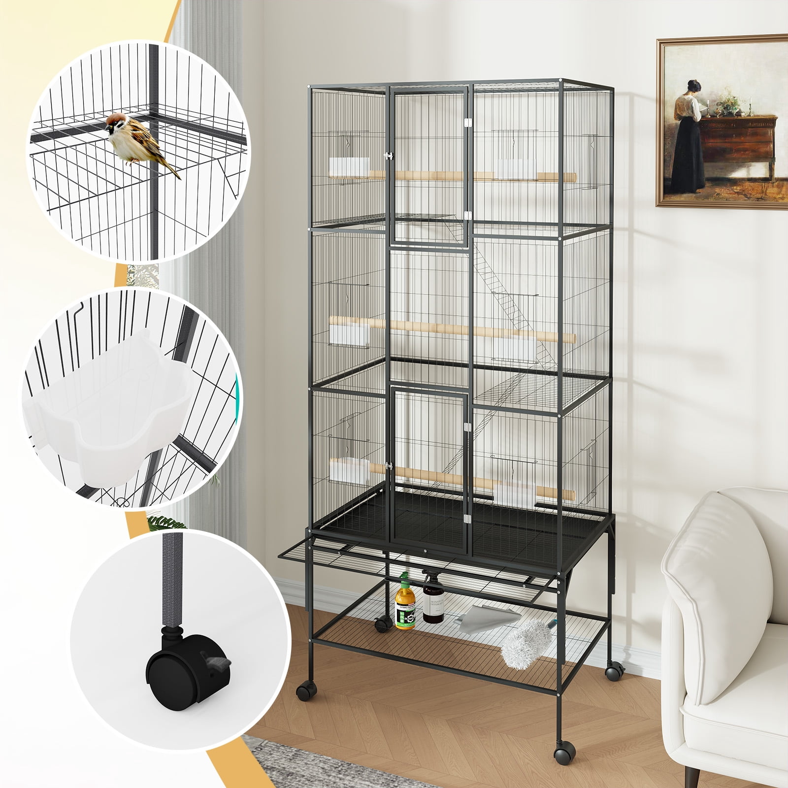 69 Inch Large Bird Cage, Bird Cage with Rolling Storage Stands, Feed Bowls, Wide Tall Parrot Cage for Parakeets, Conures, Cockatiel, Cockatoo