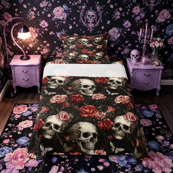 Castle Fairy Gothic Floral Skull Twin Sheets 3pcs,Rose Butterfly Bedding,Ivory Red Black,1 Fitted Sheet,1 Flat Sheet and 1 Pillowcase