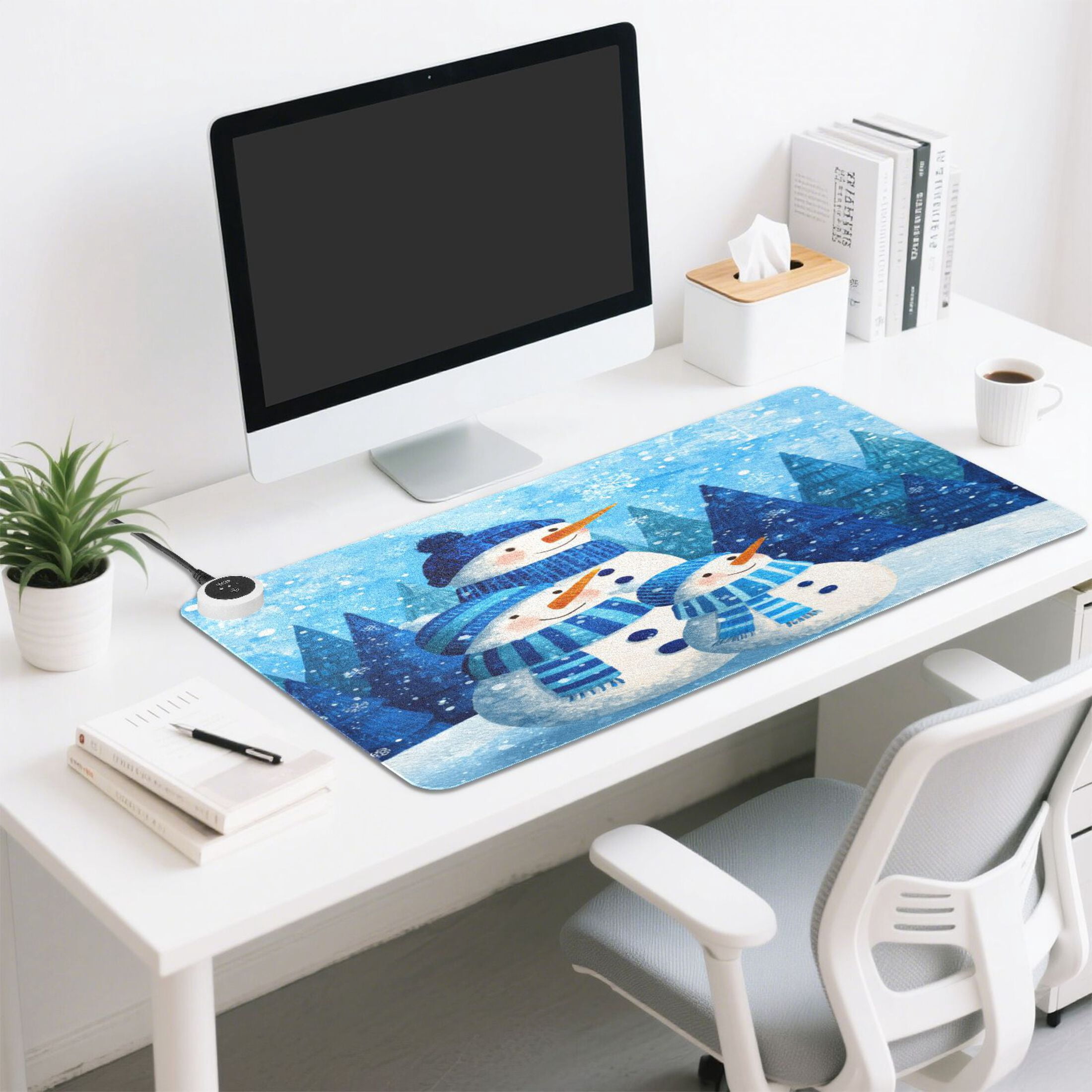 Large Heated Desk Mat Mouse Pad 31.5"x13"PU Leather Graphene Heating Desk Warmer with 3 Temperature Settings 110V US Plug Non-Slip Warm Pad for Home, Office, and Gaming Three Blue Cute Snowmen