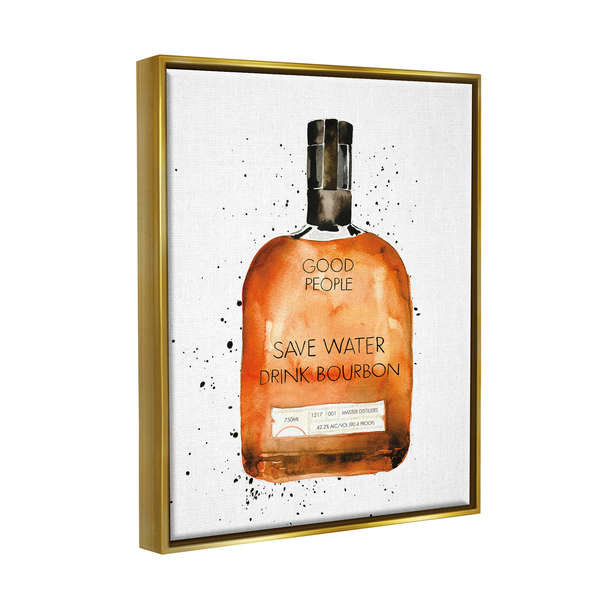 Stupell Industries Save Water Drink Bourbon Quote Common Liquor Bottle Metallic Gold Framed Floating Canvas Wall Art, 16x20, by Mercedes Lopez Charro