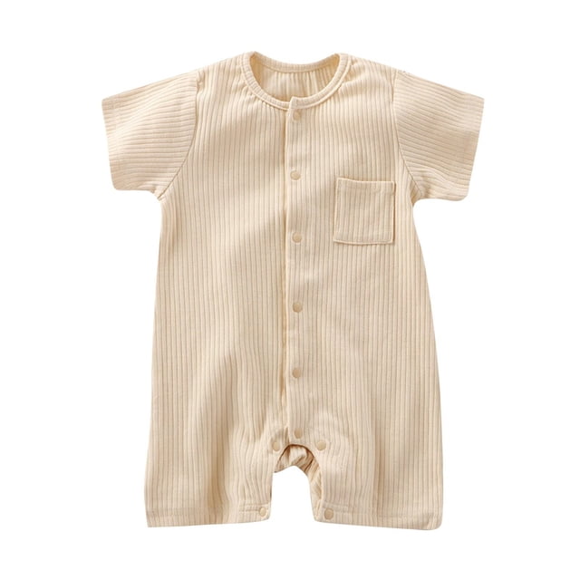Moxiu Toddler Boy Rompers Unisex Soft Ribbed Short Sleeve One-Piece Jumpsuit Summer Snap-up Bodysuits with Pocket Beige,1 Years