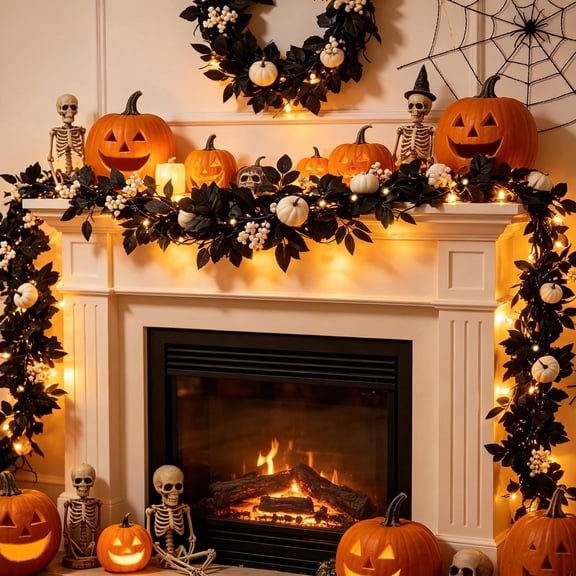 Liamobondopolis Halloween Black Leaf Garland With Skull Accents for Home Decor Front Door Porch and Outdoor Entry Styling 71 In