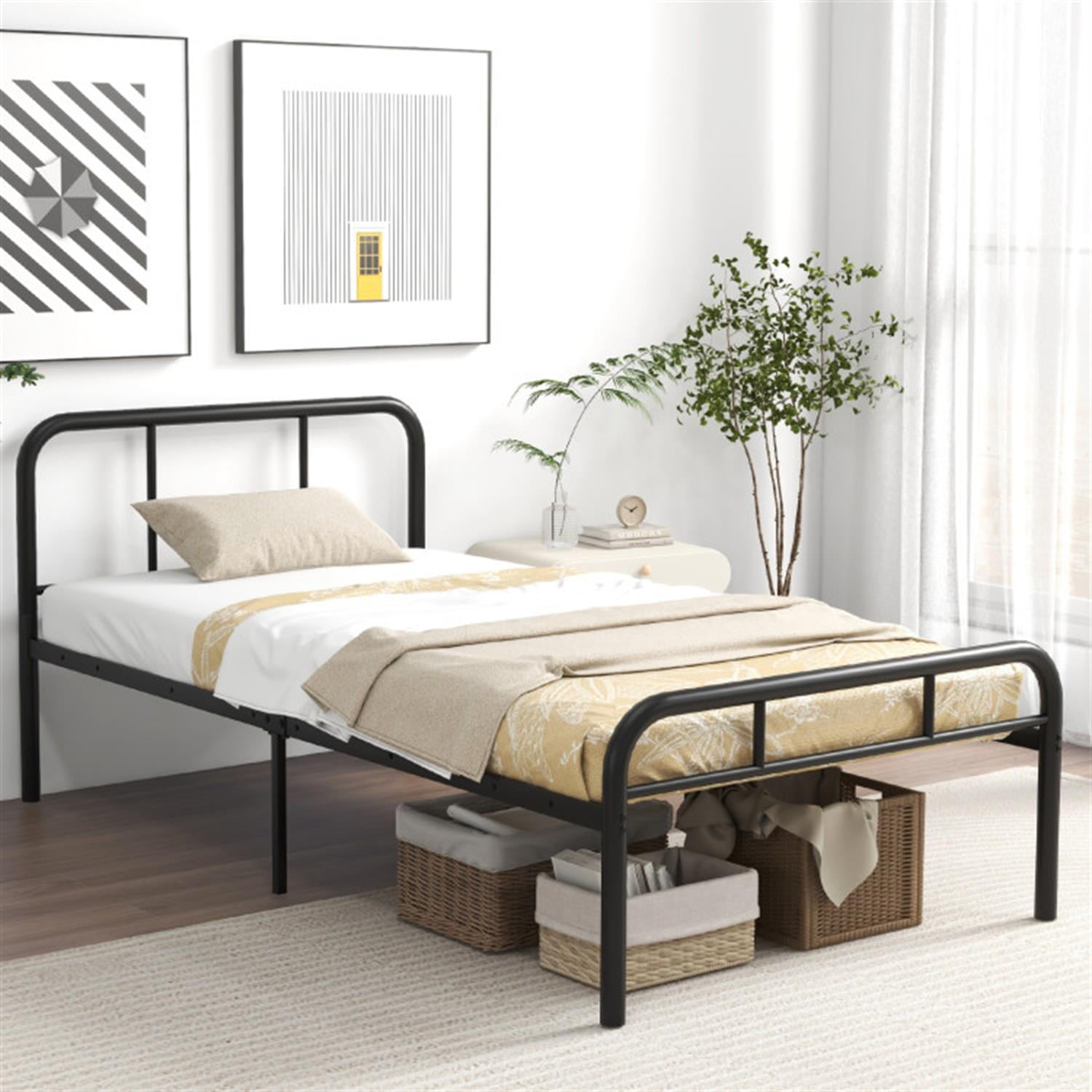 Demi Bonn Modern Metal Bed Frame with Curved Headboard and Footboard, Metal Platform Bed Frame, Under Bed Storage, Strong Metal Slats Support, Black