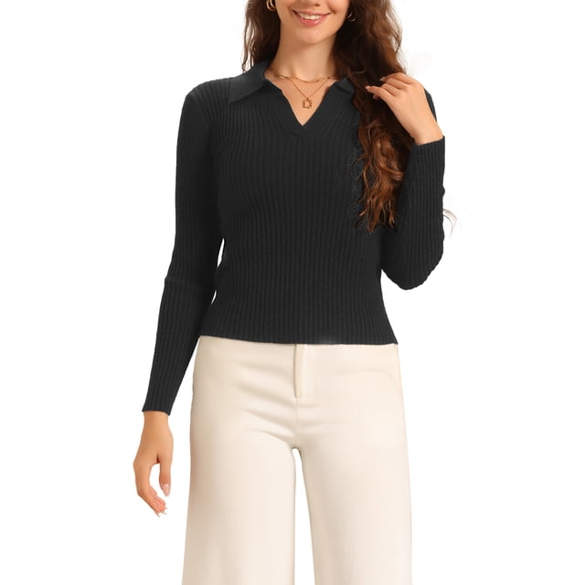 Suéter de punto con cuello de solapa y escote en V para mujer INSPIRE CHIC, talla S, color negro