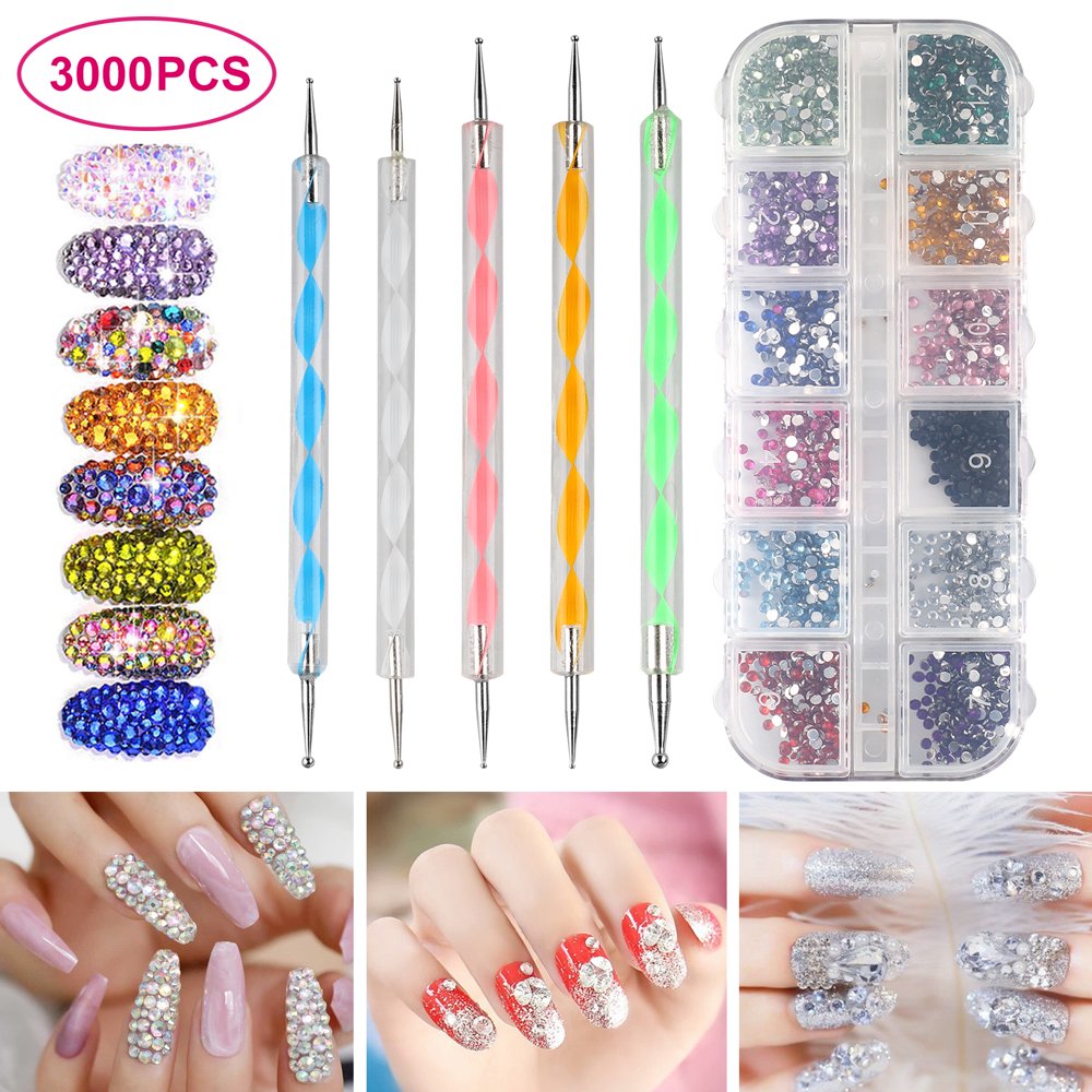 Nail Art Kit Tools 3000 Pcs Nails Crystals Glitter Rhinestones & 5 Pcs