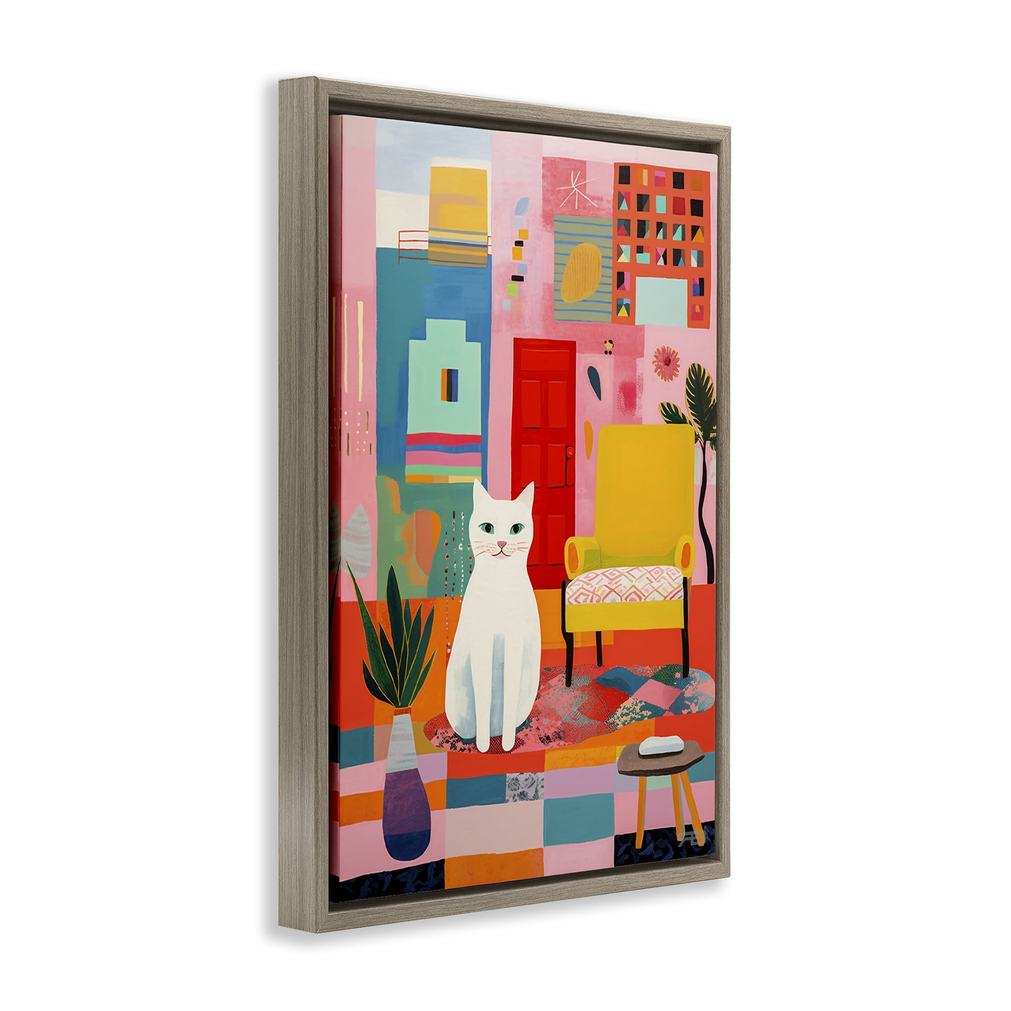 Stupell Industries Cat & Eclectic Design Animals & Insects Painting Brown Floater Framed Canvas Art Print Wall Art, 21 x 31