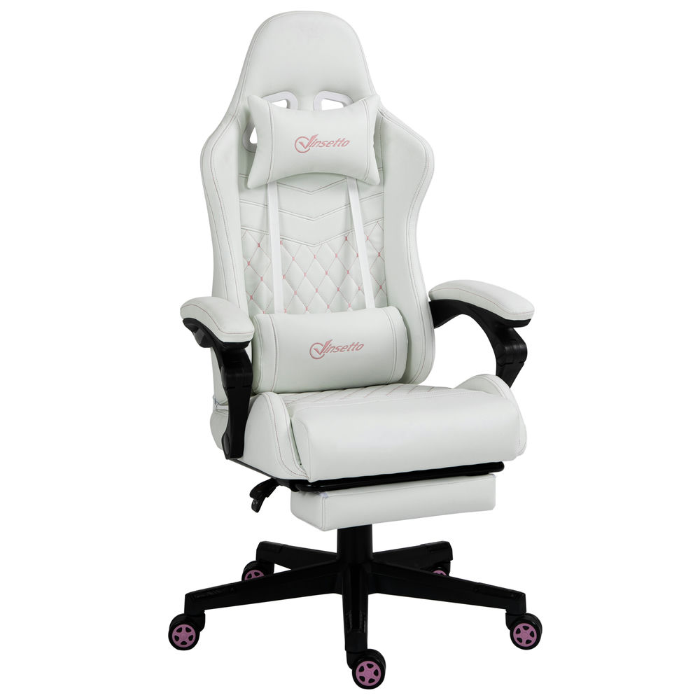 Demi Bonn PU Leather Gaming Chair with Retractable Foot Rest, Headrest, Lumbar Support and Armrest, Ergonomic Computer Chair for Home, White