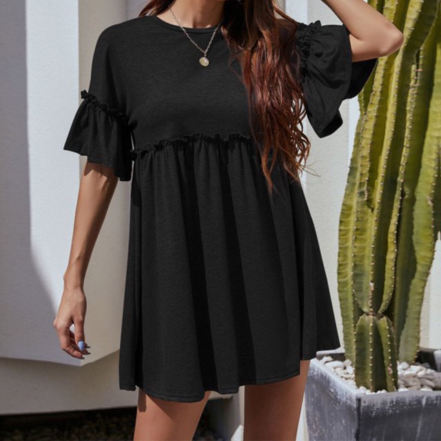 Robe d'Été pour Femmes 2024 Mode Grande Taille Décontractée Unie Manches Courtes Bouffantes Col Rond Robe Longue pour Dames 50 % de Réduction Liquidation!