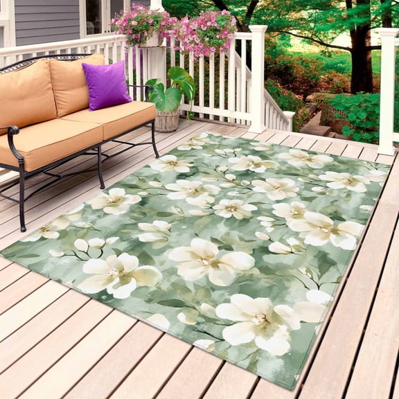 Sage Green Spring Floral Outdoor Rug for Patio/Deck/Porch, Non-Slip Large Area Rug 5 x 7 Ft, Summer Botanical Farmhouse Indoor Outdoor Rugs Washable Area Rugs, Reversible Camping Rug Carpet Runner