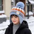 thumbnail image 2 of Hessimy Kids Geometric Pattern Knit Pom Beanie with Earflaps,Warm Winter Cuffed Ski Hat, 2 of 5