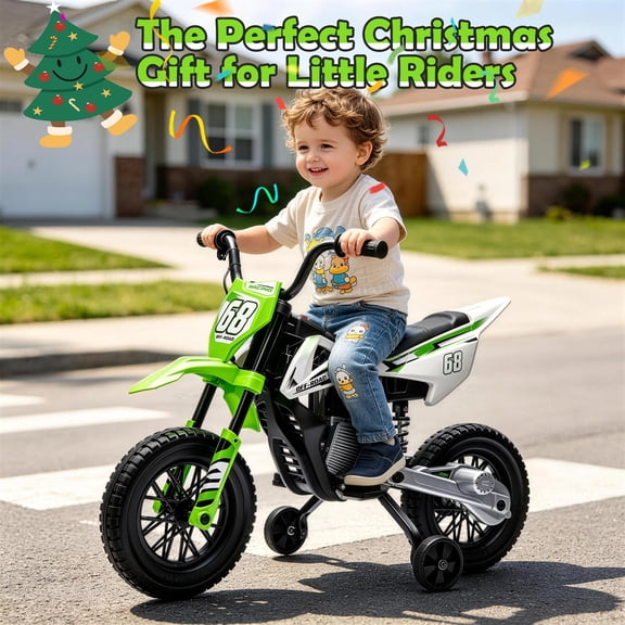 12V Kids Motorcycle for Ages 3-6, 3.1mph Top Speed, Training Wheels, Spring Suspension, Music, Green